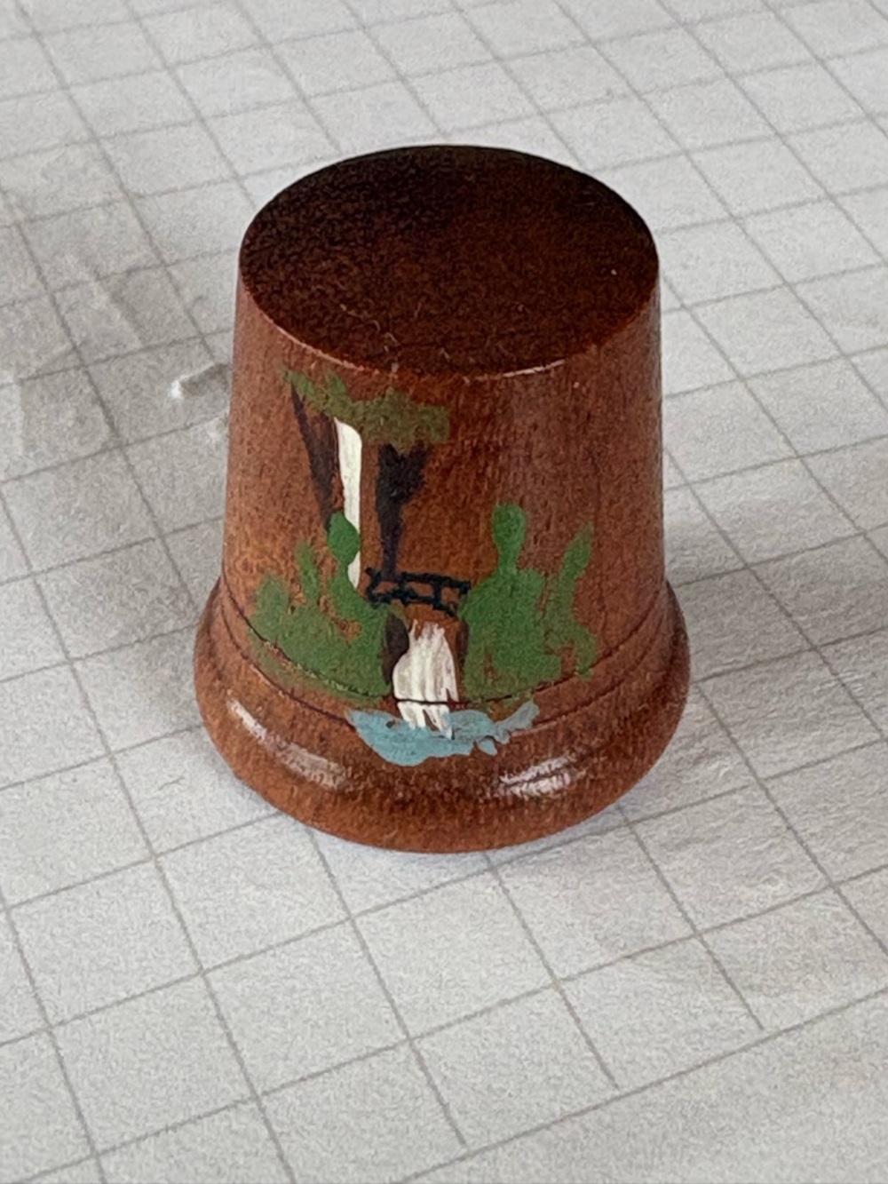 Vintage Folk-Art Hand-Painted Wooden Thimble with Landscape Detail